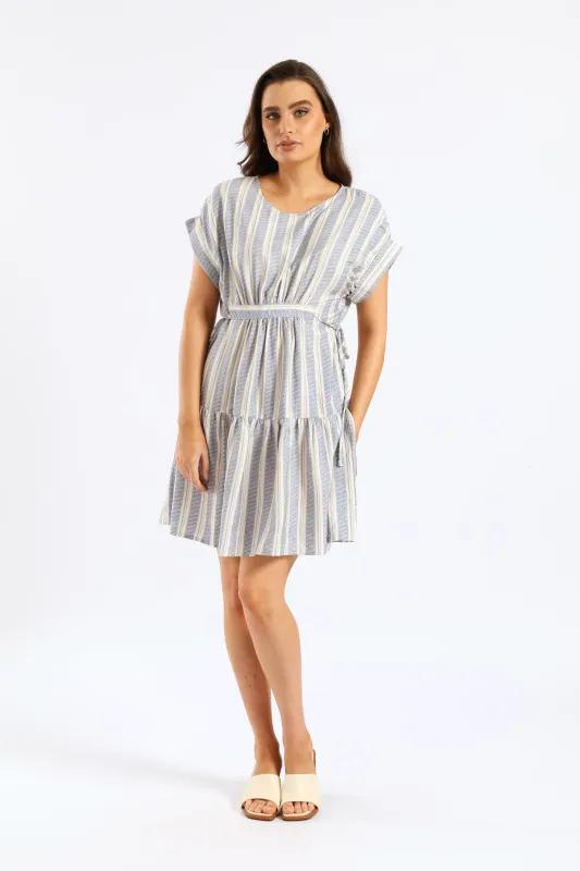 Turnup Sleeve Drawstring Waist Tiered Mini Dress - Cream/Blue sold by Edgars