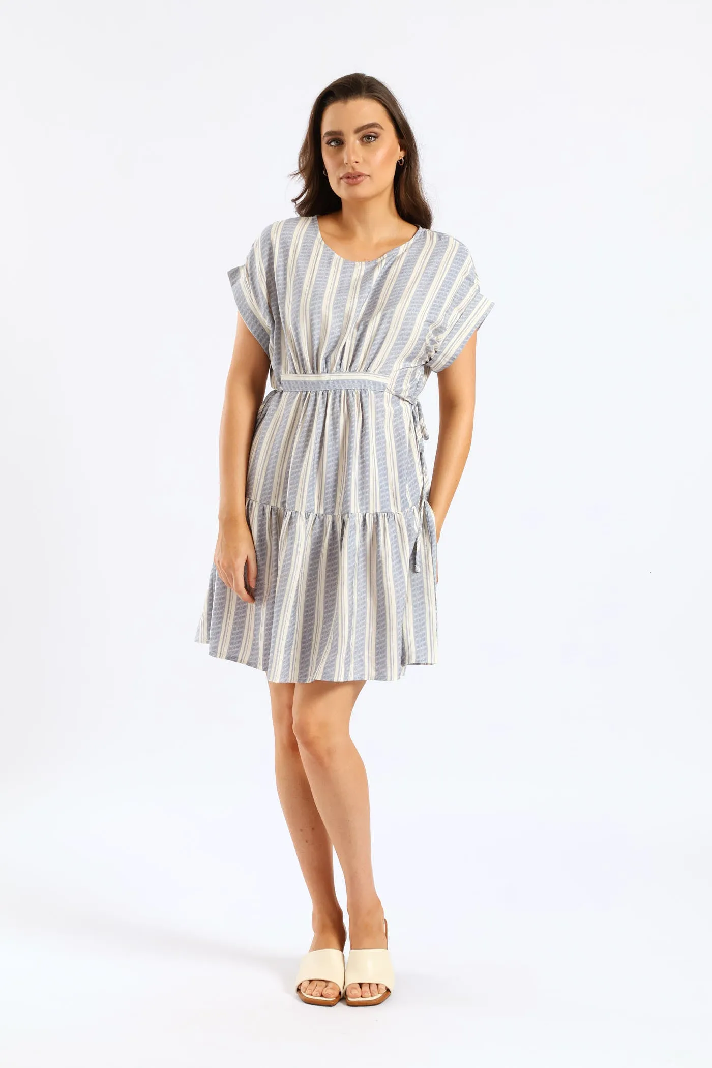 Turnup Sleeve Drawstring Waist Tiered Mini Dress - Cream/Blue sold by Edgars