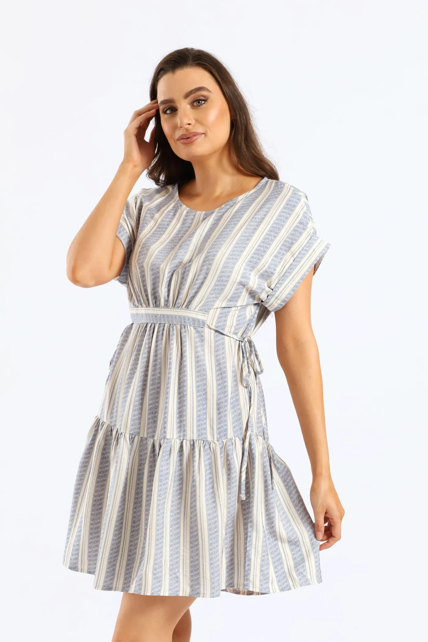 Turnup Sleeve Drawstring Waist Tiered Mini Dress - Cream/Blue sold by Edgars product image thumbnail 3