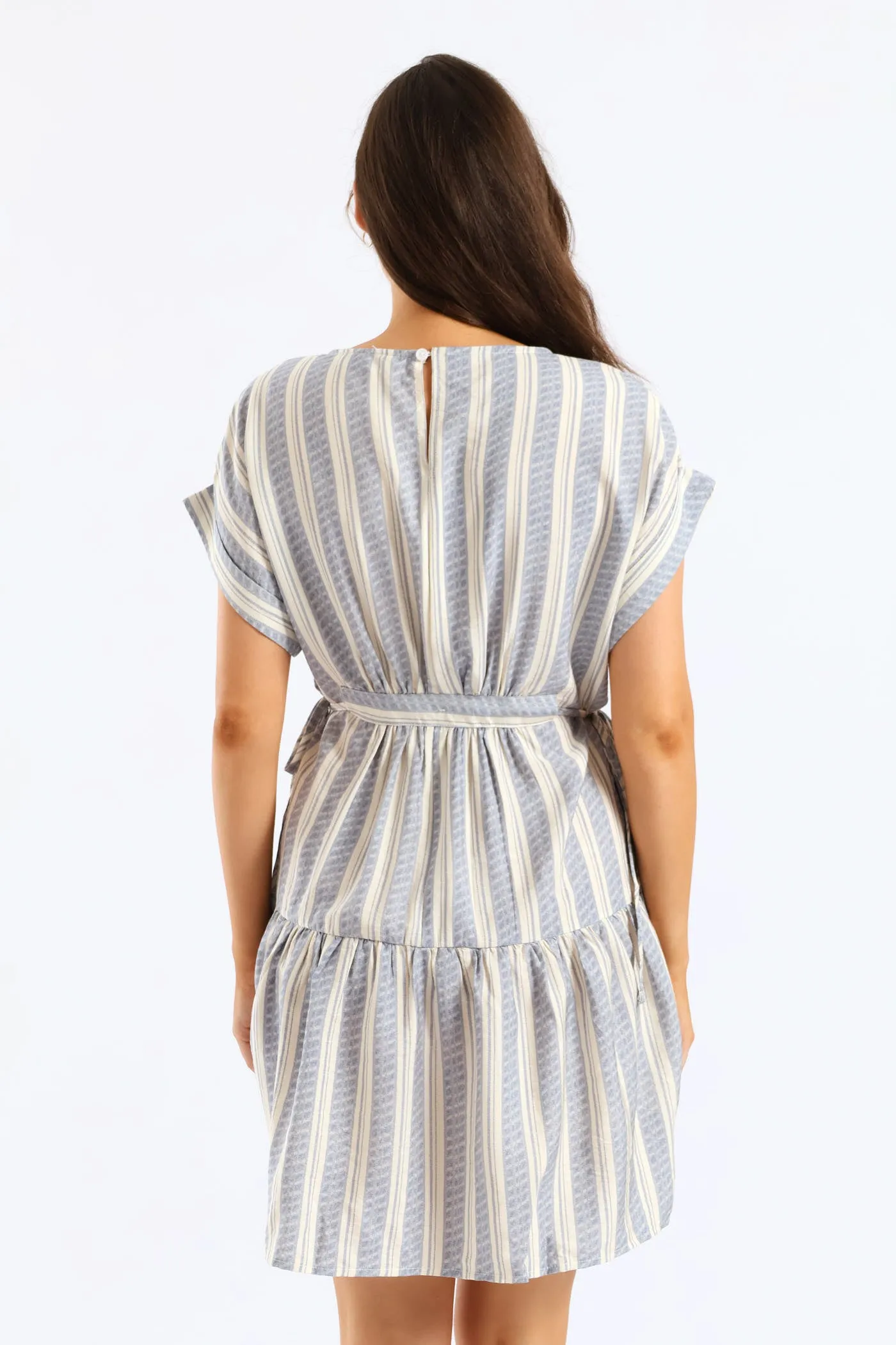 Turnup Sleeve Drawstring Waist Tiered Mini Dress - Cream/Blue sold by Edgars product image thumbnail 2