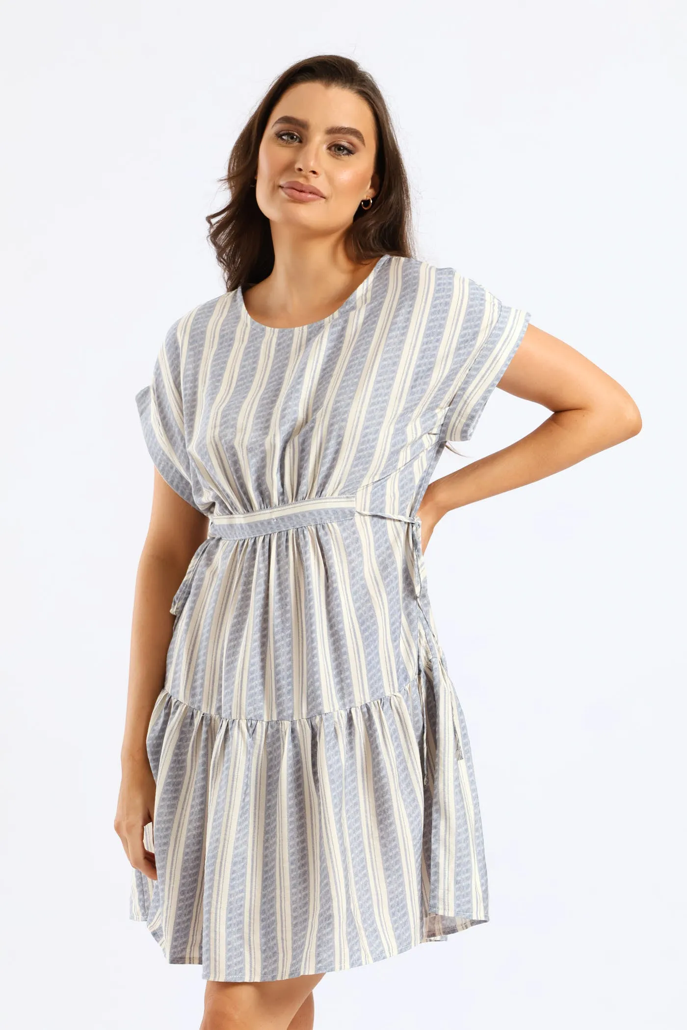 Turnup Sleeve Drawstring Waist Tiered Mini Dress - Cream/Blue sold by Edgars product image thumbnail 4