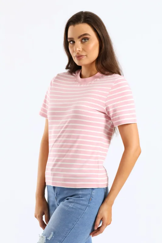 Stripe Cotton Rib Neck Boxy Tee - White/Pink sold by Edgars
