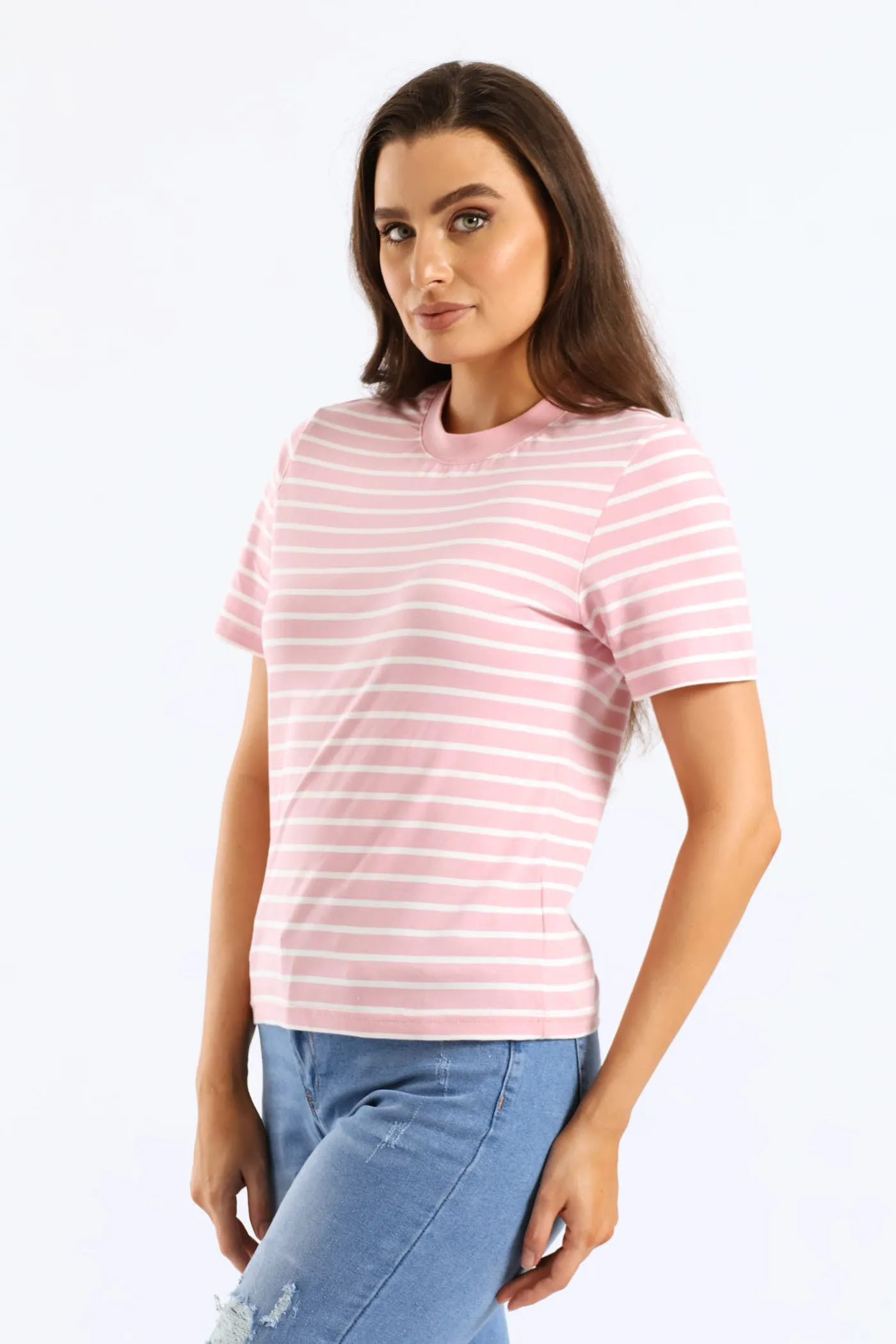 Stripe Cotton Rib Neck Boxy Tee - White/Pink sold by Edgars
