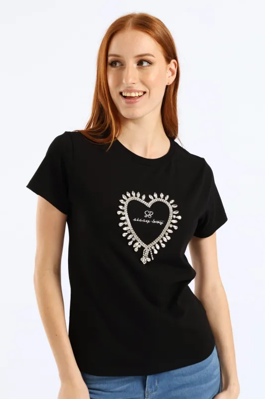 Transfer Heart And Embroidered Regular T-Shirt - Black sold by Edgars