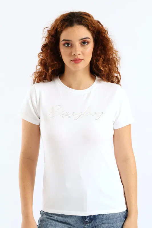 Pearl & Diamante Logo Transfer Tee - White sold by Edgars