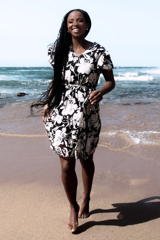 V-Neck Waisted Monochrome Frill Hem Tea Dress - Black/Cream sold by Edgars