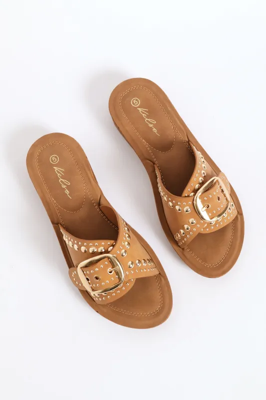 Buckle & Stud Detail Comfort Outsole Mule Sandal - Tan sold by Edgars