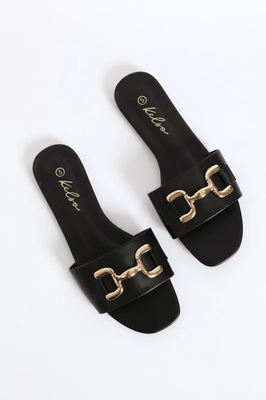 Metal D-Bar Single Band Mule Sandal - Black sold by Edgars