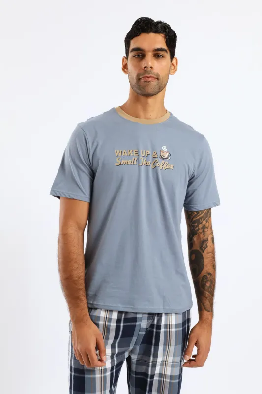 Wake Up & Smell Coffee Pyjama Tee - Blue sold by Edgars