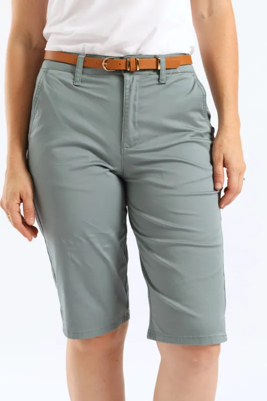 Belted Stretch Sateen Chino Bermuda Short - Aqua Mist Green sold by Edgars