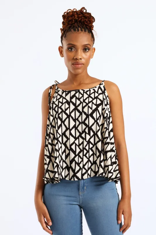 Beaded Shoulder Ties Print Swing Cami - Black/White sold by Edgars