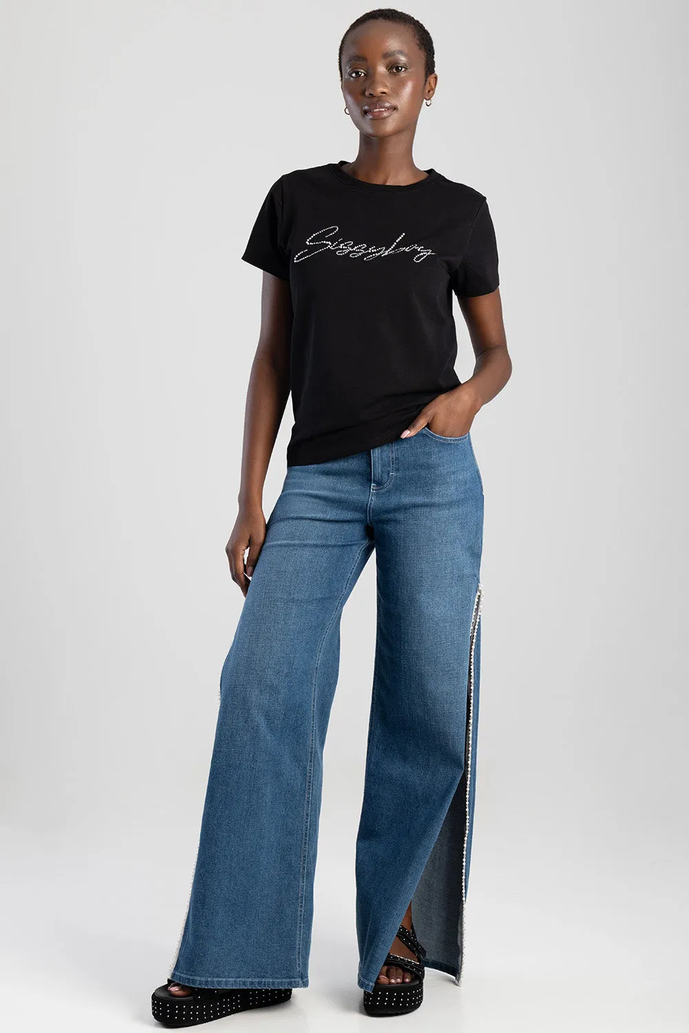 Pearl & Diamante Logo Transfer T-Shirt - Black sold by Edgars product image thumbnail 3