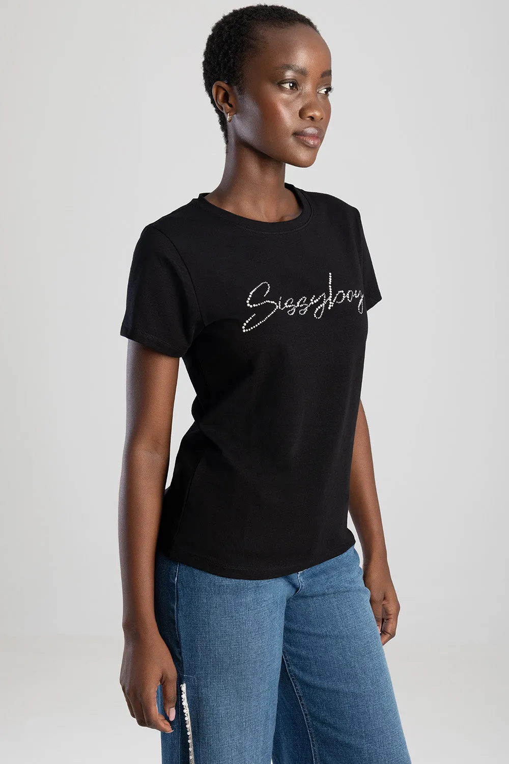 Pearl & Diamante Logo Transfer T-Shirt - Black sold by Edgars product image thumbnail 5