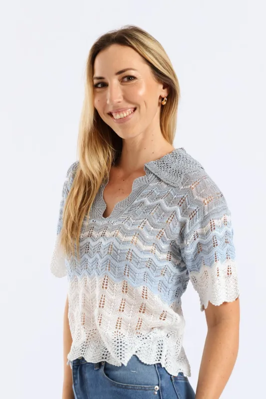 Lurex Collared Ombre Knitwear Top - Beige/Blue sold by Edgars