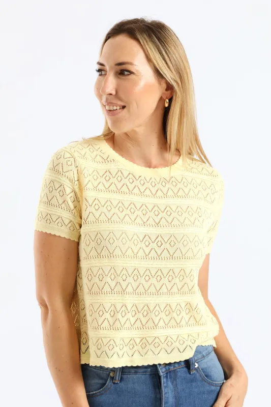 Scalloped Pointelle Detail Knitwear Top - Light Yellow sold by Edgars