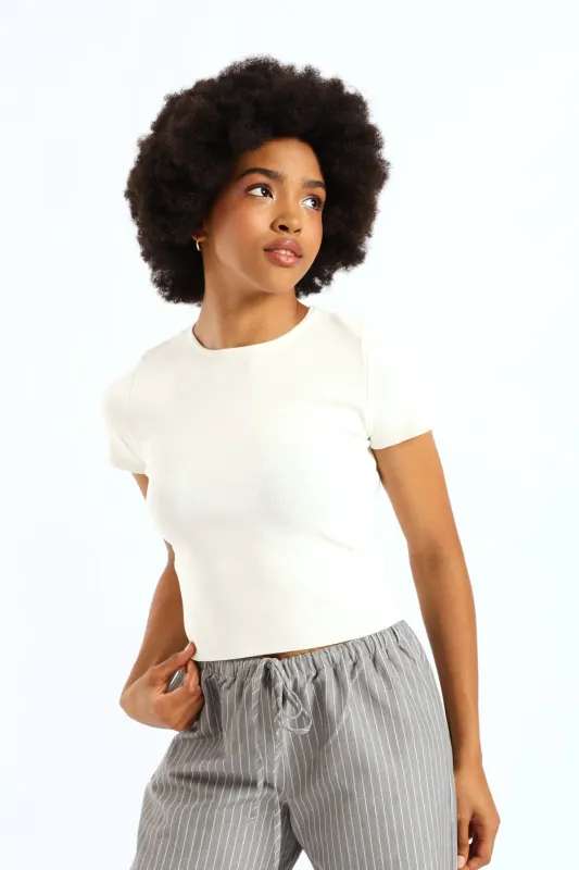 Short Sleeve Cropped Sweater Top - White sold by Edgars