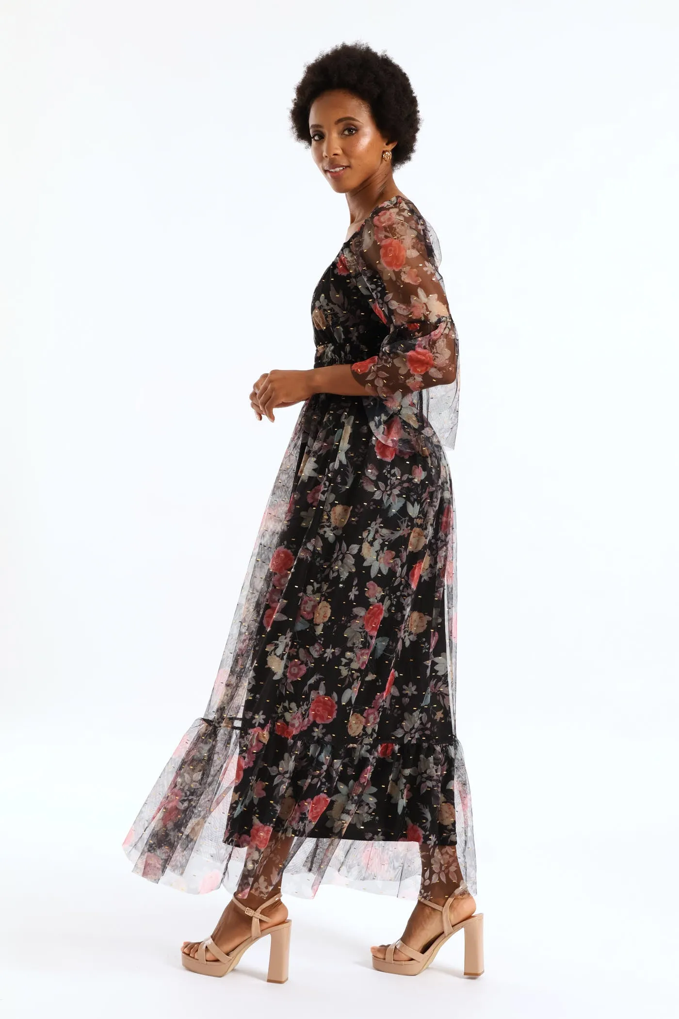 Shirred Waisted Tiered Mesh Maxi Dress - Black sold by Edgars product image thumbnail 4