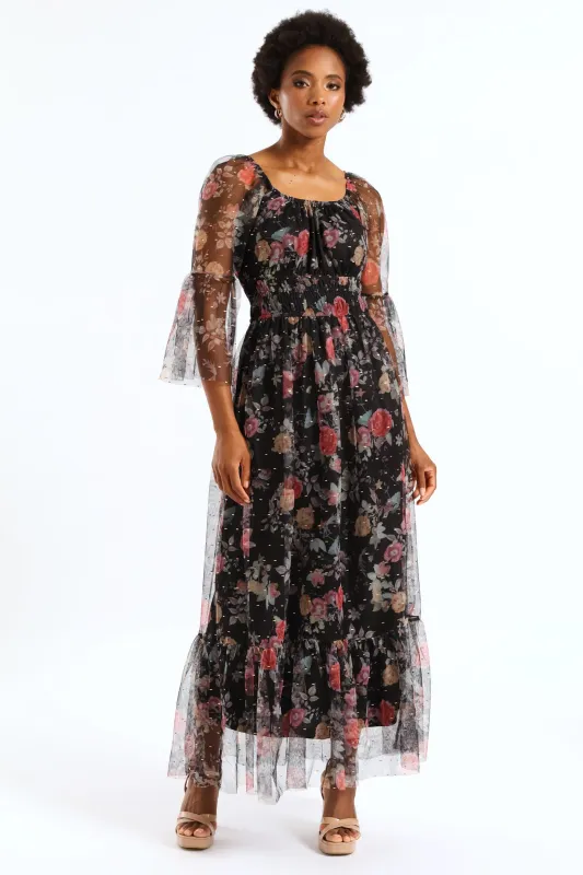 Shirred Waisted Tiered Mesh Maxi Dress - Black sold by Edgars