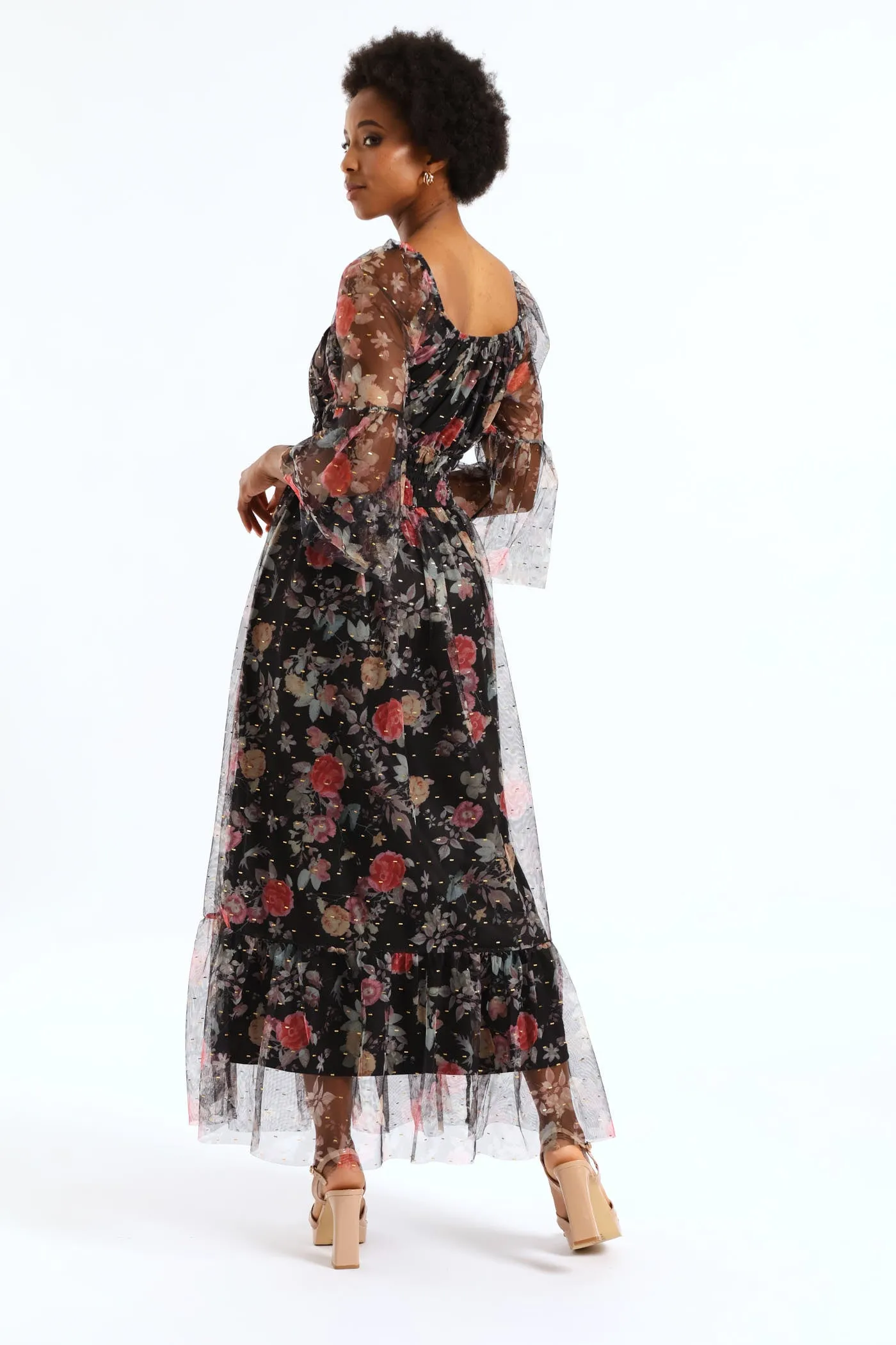 Shirred Waisted Tiered Mesh Maxi Dress - Black sold by Edgars product image thumbnail 5