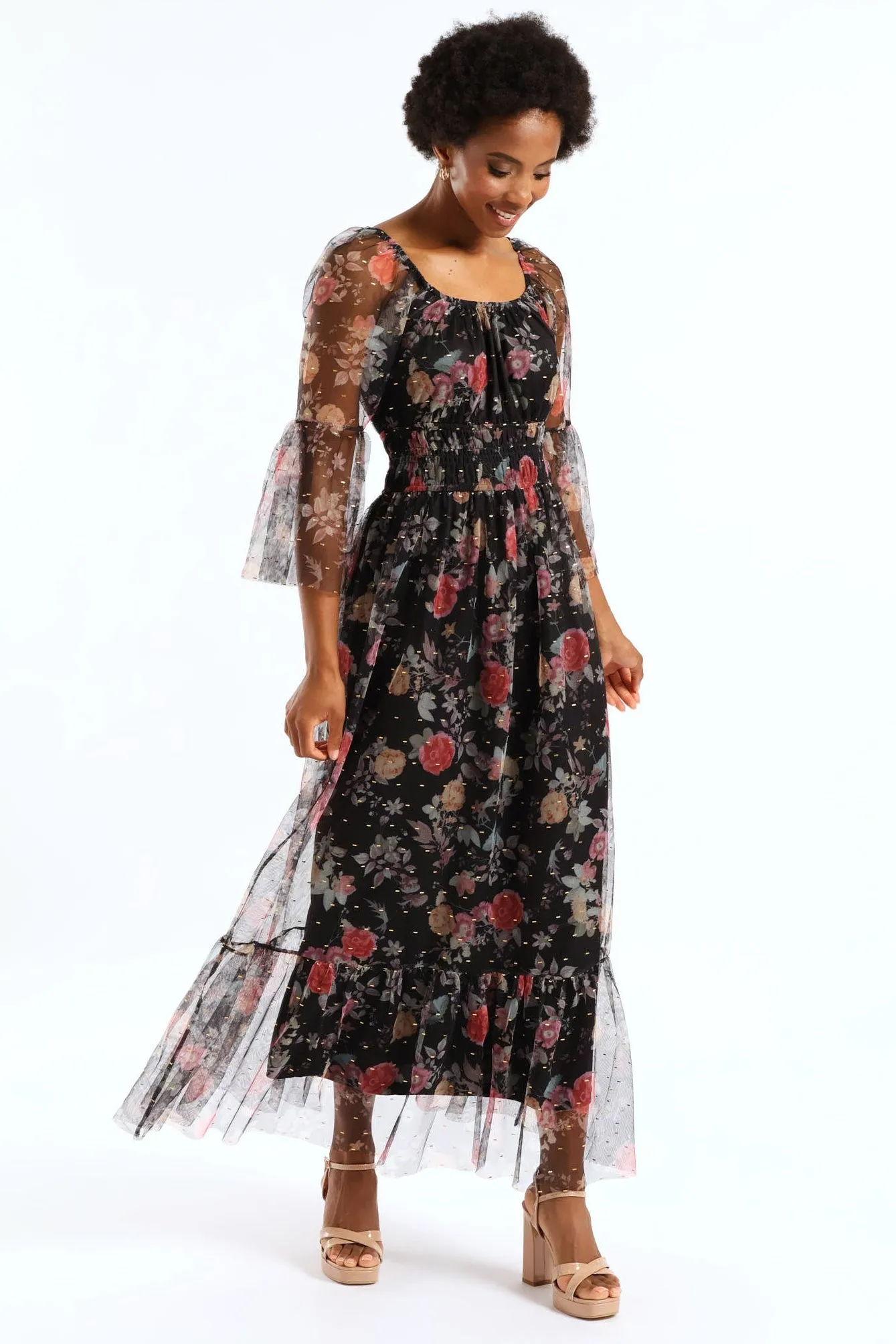 Shirred Waisted Tiered Mesh Maxi Dress - Black sold by Edgars product image thumbnail 3