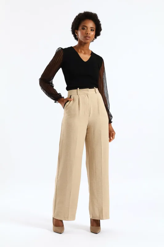 Contrast Tipped Linen Blend Wide Leg Pant - Oatmeal sold by Edgars