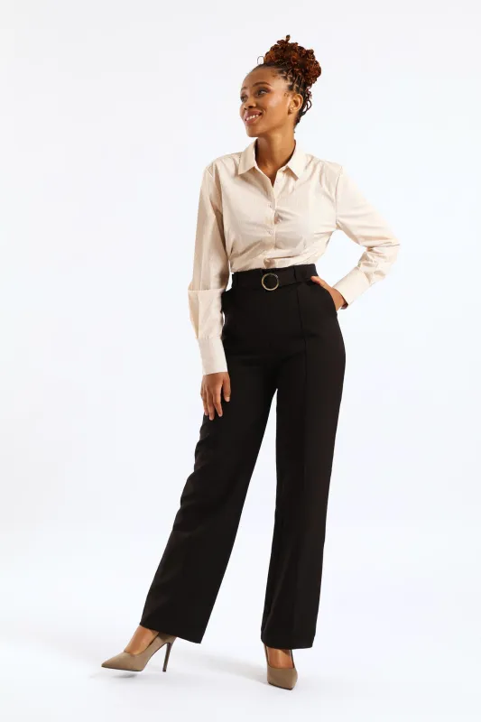 Belted Buckle Pin Tuck Straight Leg Pant - Black sold by Edgars