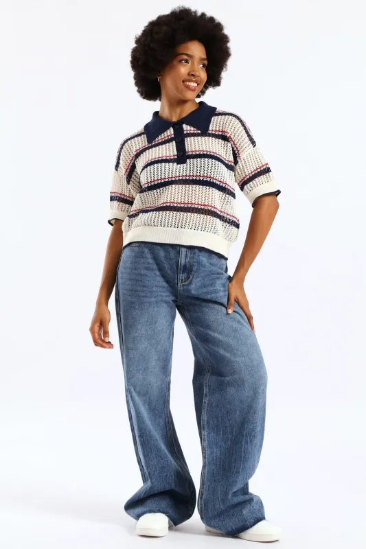 Elastic Waist Wide Leg Raw Hem Denim - Salty Mid Wash sold by Edgars