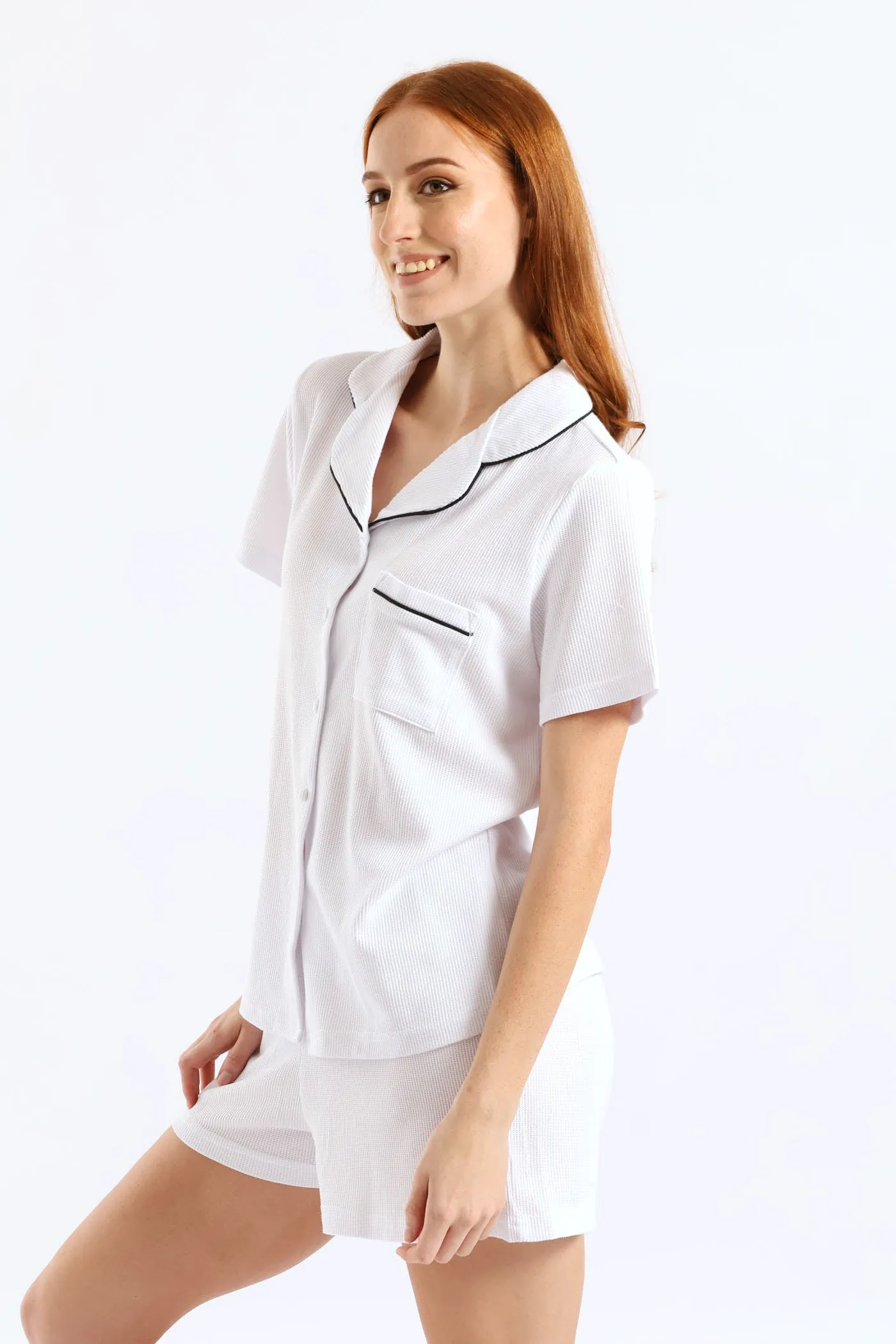 Button Through Waffle Knit Short Set - White sold by Edgars