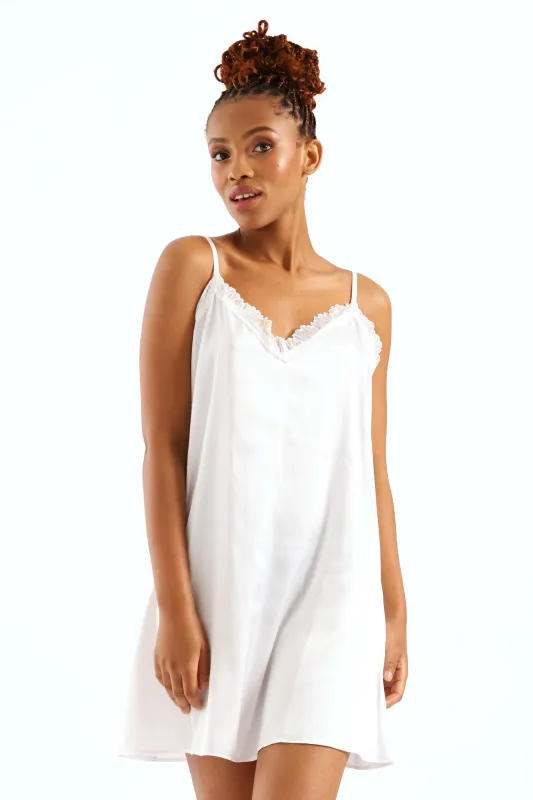 Single Lace Trim Satin Chemise - White sold by Edgars