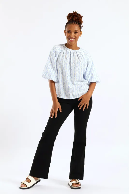 Bubble Raglan Sleeve Printed Blouse - White/Blue sold by Edgars