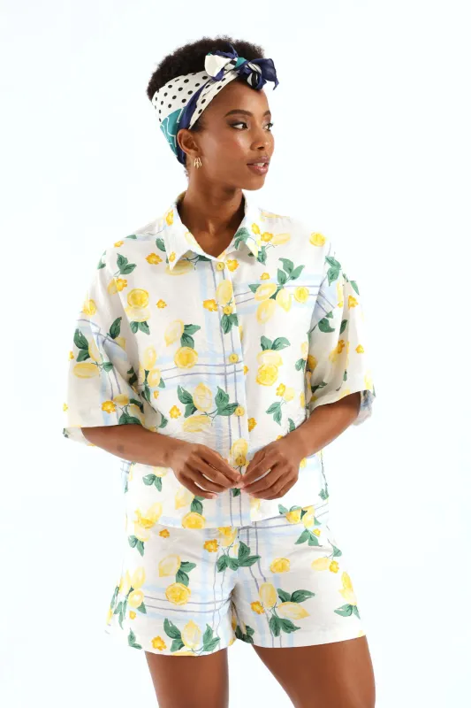 Belted Elasticated Mid Thigh Shorts - White/Light Blue sold by Edgars