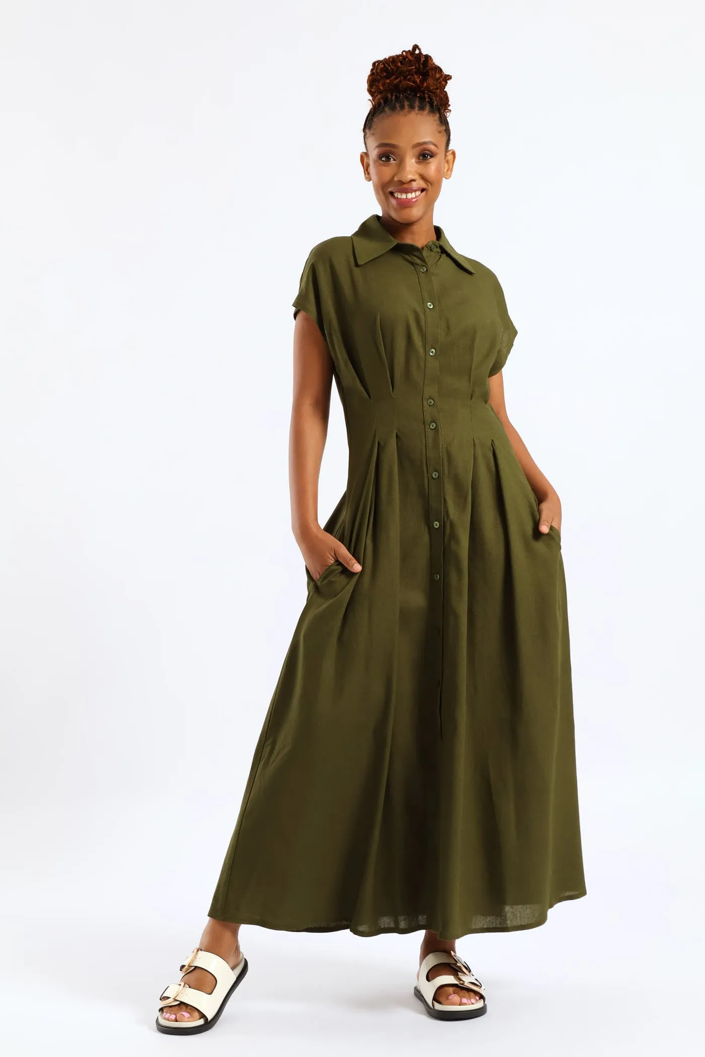 Button Through Pleated Bodice Midaxi Dress - Fatigue sold by Edgars
