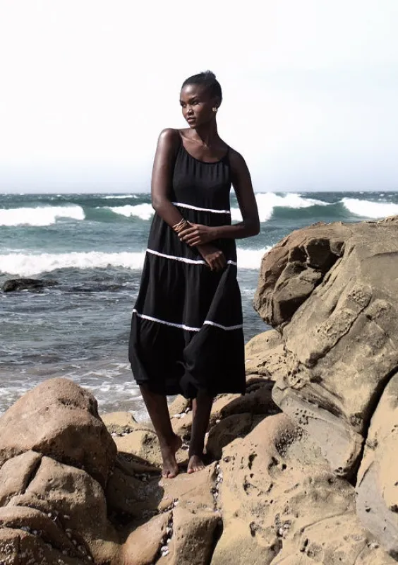 Strappy Contrast Tape Detail Crinkle Tiered Midi Dress  - Black sold by Edgars