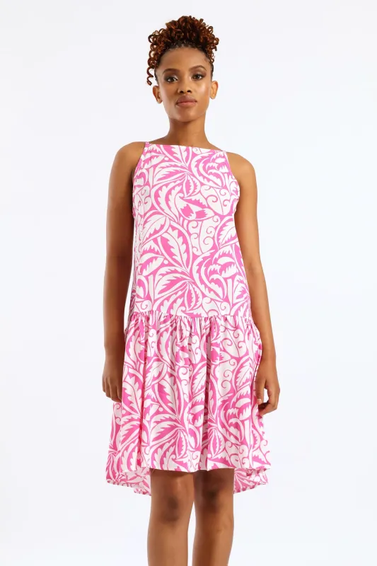 Hi-Neck Drop Waist Print Mini Dress - White/Pink sold by Edgars