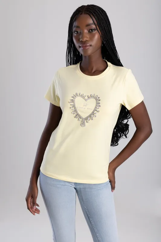 Embroidered Heart Regular T-Shirt - Yellow sold by Edgars