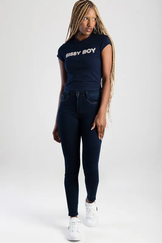 Lia Mid Waist Basic Skinny Denim - Blue/Black sold by Edgars