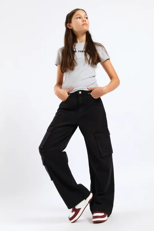 Girls Cargo Wide Leg Denim - Charcoal sold by Edgars