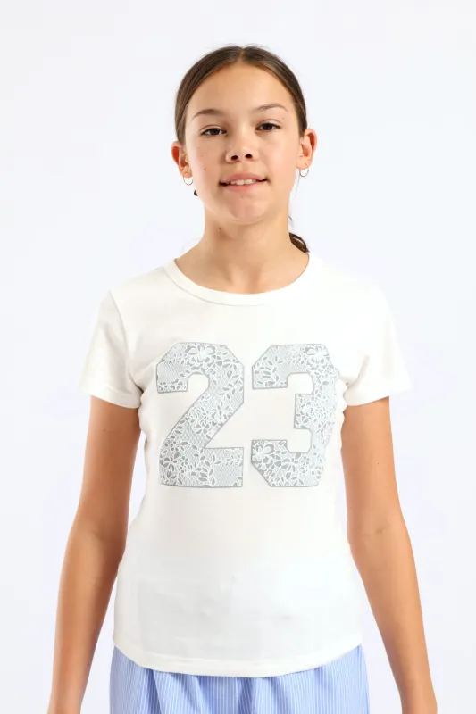 Girls Lace Print Fitted Tee - Cream sold by Edgars