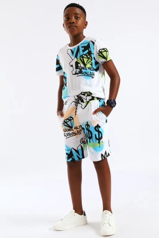 Boys Graffiti Print Fleece Short - White sold by Edgars