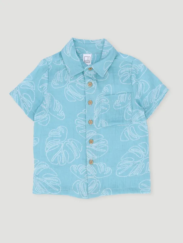 Pre-Boys Leaf Muslin Shirt - Blue sold by Edgars