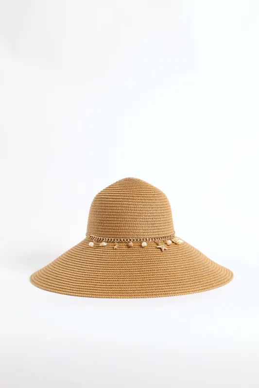 Shell Detail Turn Down Straw Hat - Tan sold by Edgars