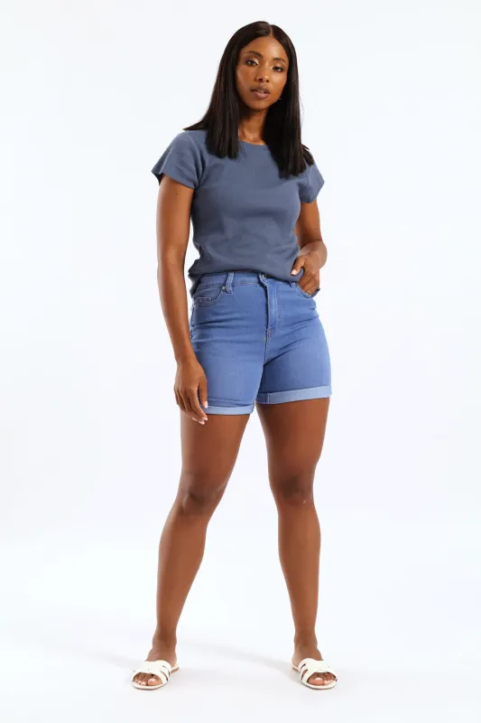 Classic Roll Hem Mid Thigh Supersoft Denim Short - Light Periwinkle sold by Edgars