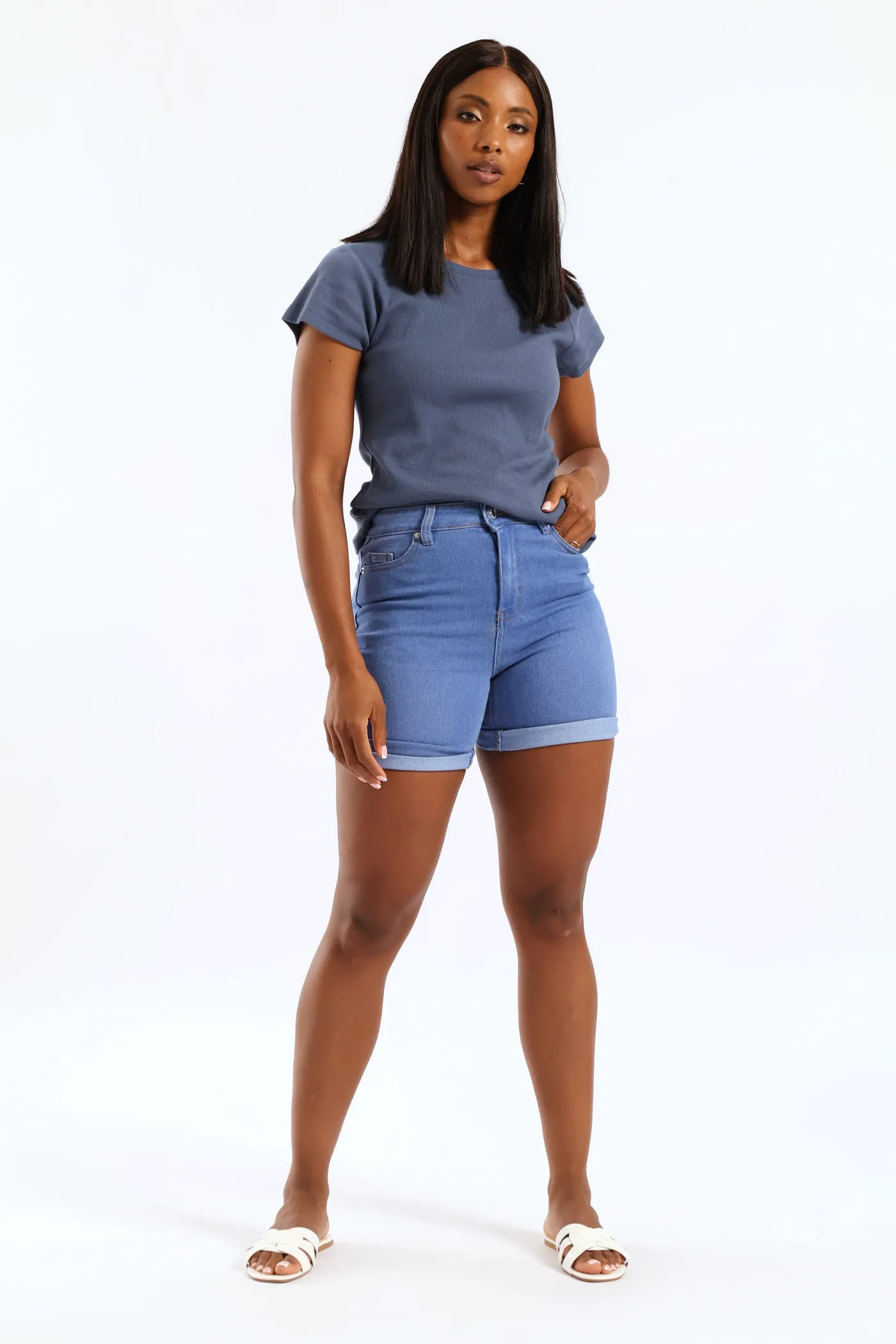Classic Roll Hem Mid Thigh Supersoft Denim Short - Light Periwinkle sold by Edgars