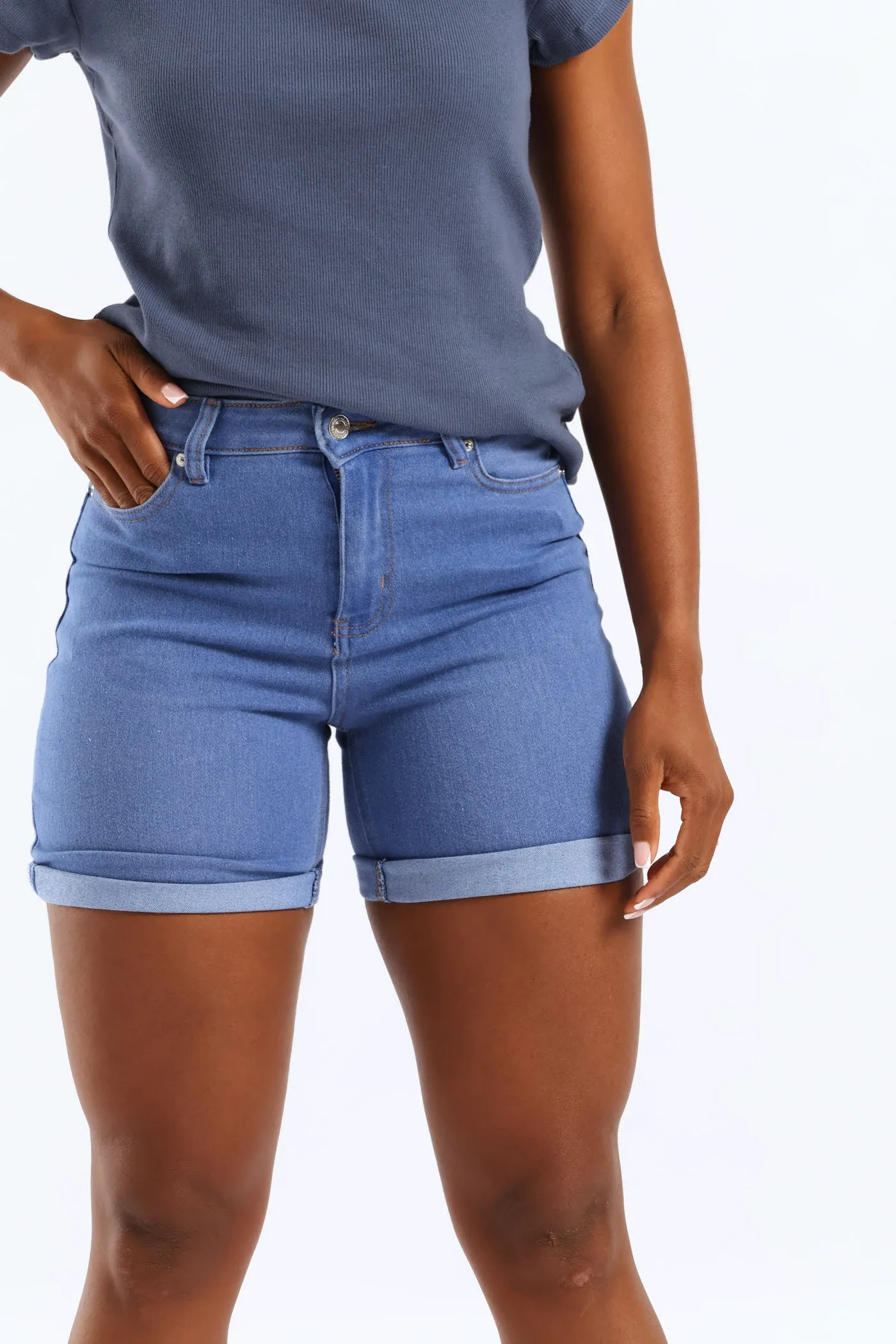 Classic Roll Hem Mid Thigh Supersoft Denim Short - Light Periwinkle sold by Edgars product image thumbnail 3