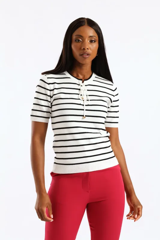 Tie Up Striped Pullover - White/Black sold by Edgars