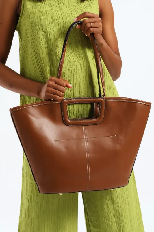 Topstitch Double Handle Shopper Bag - Tan sold by Edgars