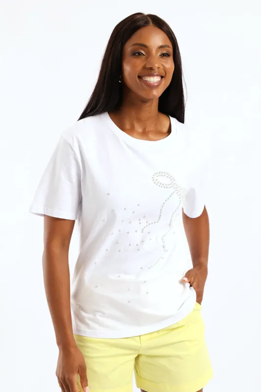 Pearl Bow Embroidered Tee - White sold by Edgars