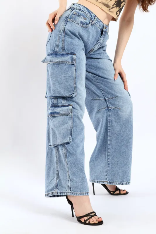 Low Rise Cargo Denim - Mid Blue sold by Edgars