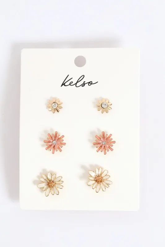 3 Pack Floral Stud Earrings - Gold sold by Edgars