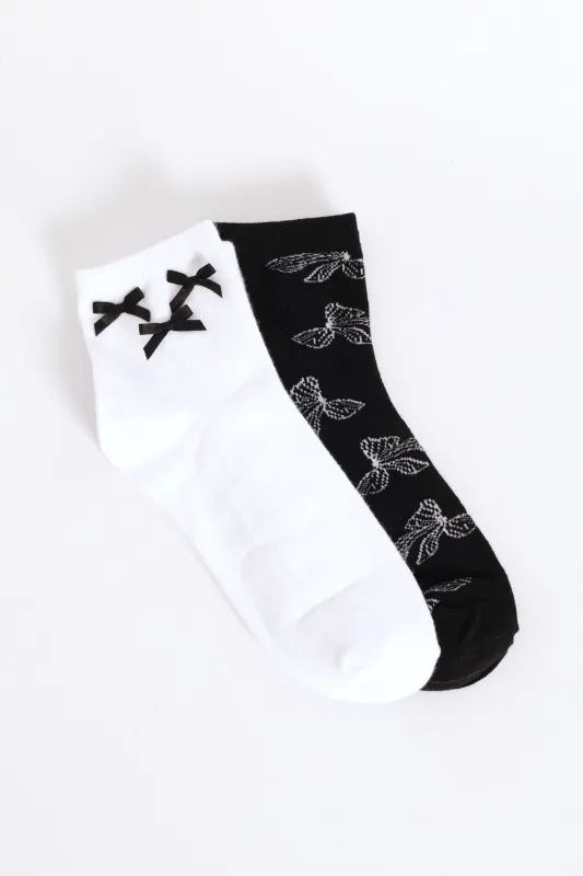 2 Pack Print & Ribbon Bow Crew Socks - Black/White sold by Edgars